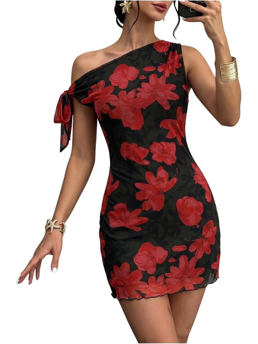 Women's Black/Red Floral One Shoulder Asymmetrical Wedding Bodycon Mini Dress